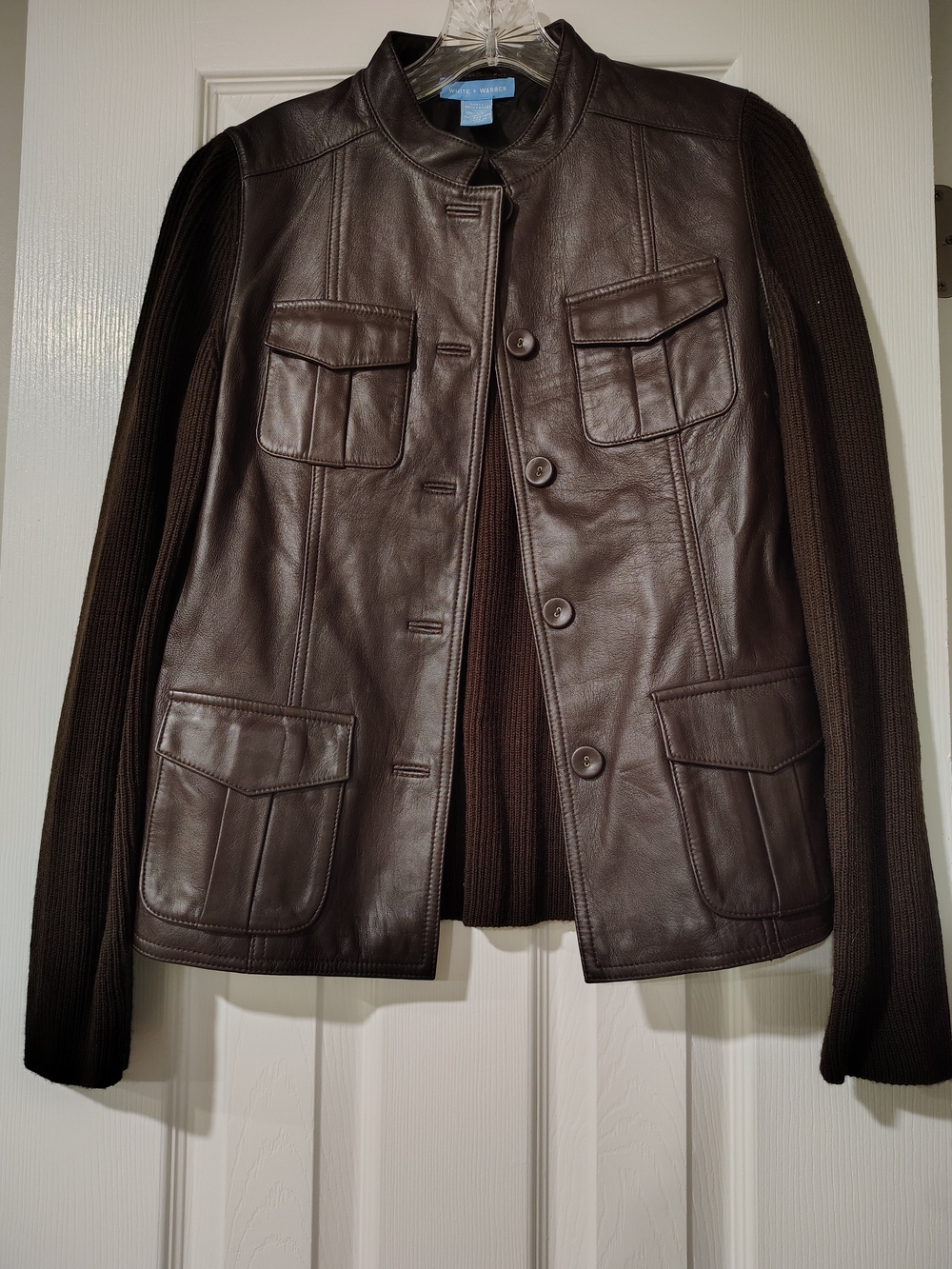 White + Warren Dark Brown Leather Jacket with Knit Sleeves